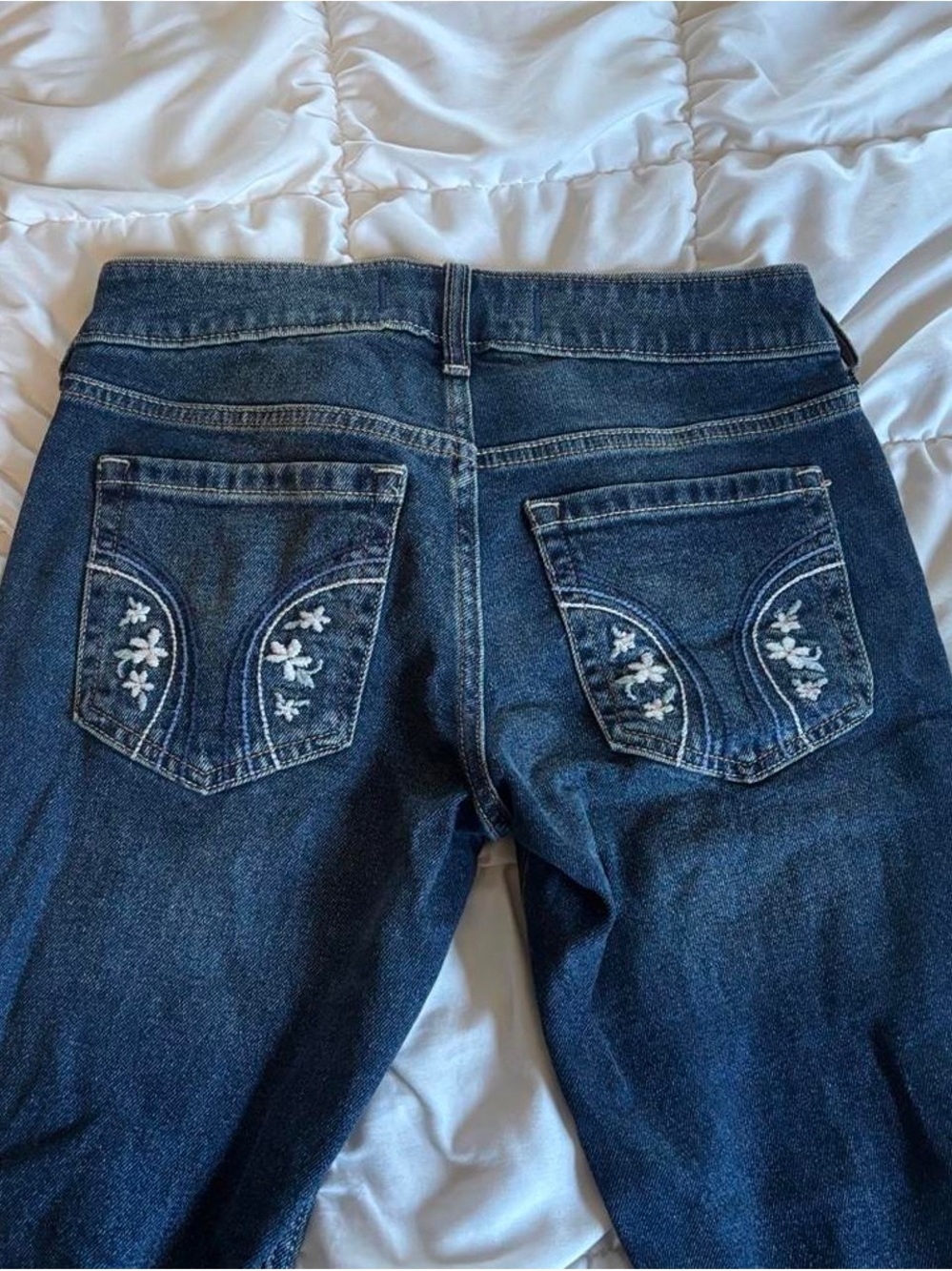 Hollister Dark Blue Bootcut Jeans with White Floral Embroidery